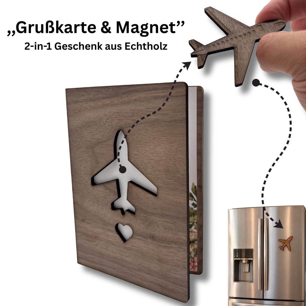 Grußkarte aus Walnussholz mit Flugzeug-Magnet – Reisegeschenk