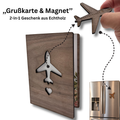 Grußkarte aus Walnussholz mit Flugzeug-Magnet – Reisegeschenk