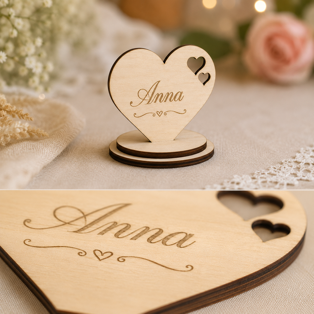 Personalisierter Herz Namensständer aus Holz – Platzkarte für Hochzeit & Tischdekoration – VIVANEA