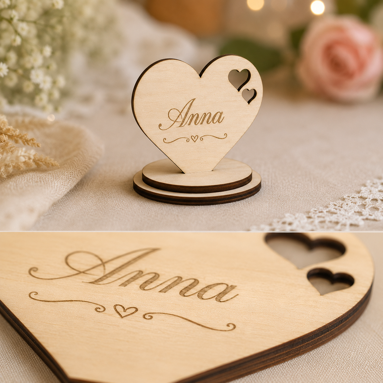 Personalisierter Herz Namensständer aus Holz – Platzkarte für Hochzeit & Tischdekoration – VIVANEA