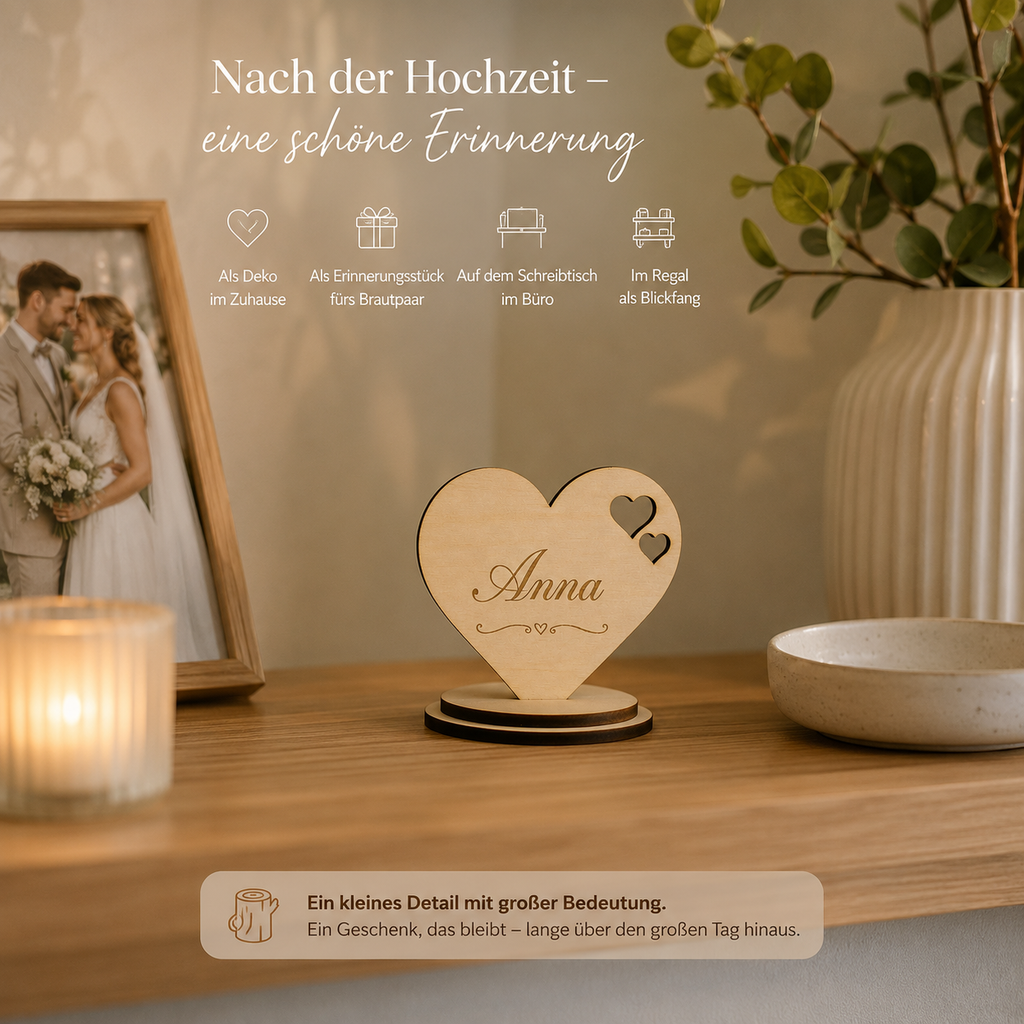 Personalisierter Herz Namensständer aus Holz – Platzkarte für Hochzeit & Tischdekoration – VIVANEA