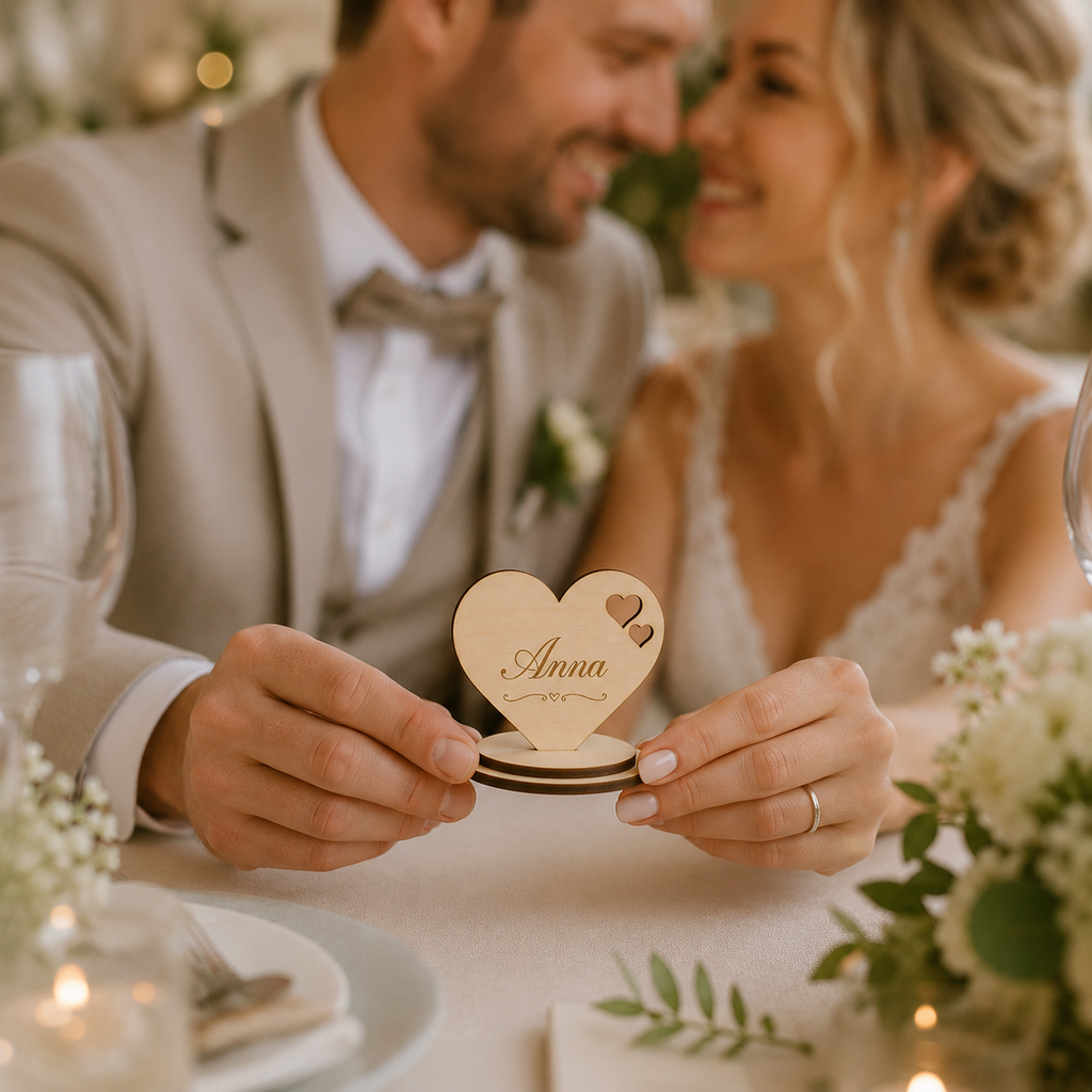 Personalisierter Herz Namensständer aus Holz – Platzkarte für Hochzeit & Tischdekoration – VIVANEA
