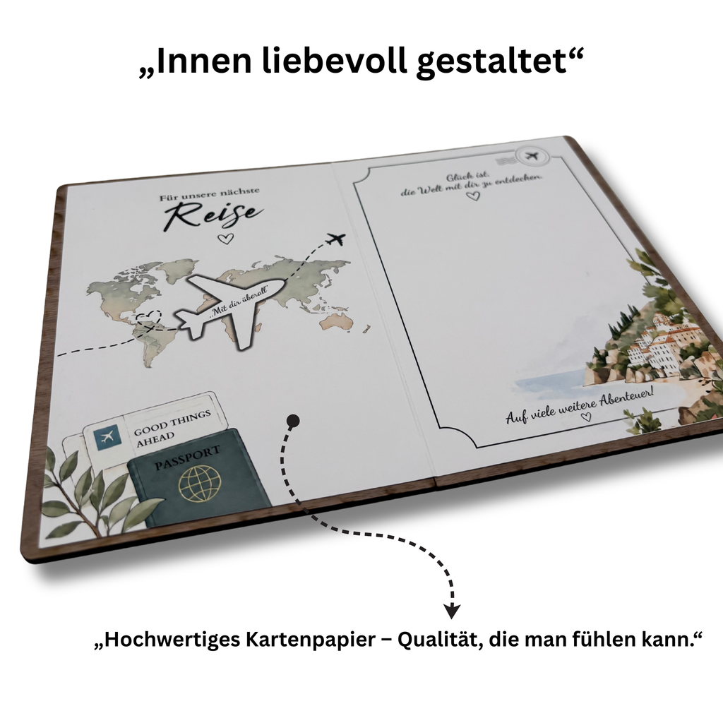 Grußkarte aus Walnussholz mit Flugzeug-Magnet – Reisegeschenk