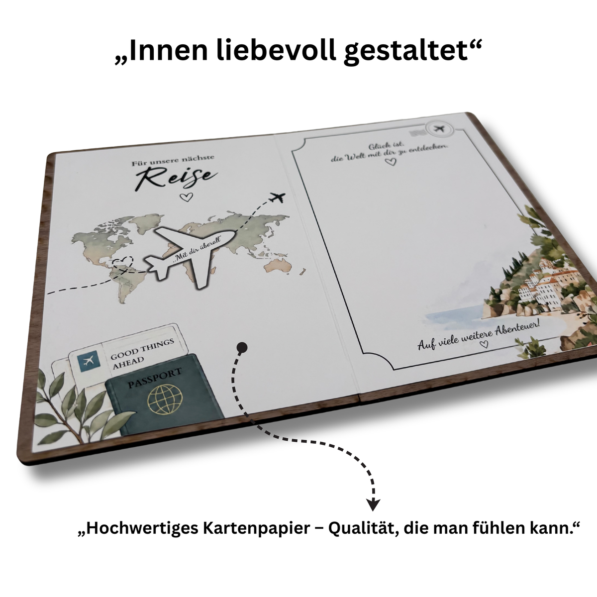 Grußkarte aus Walnussholz mit Flugzeug-Magnet – Reisegeschenk
