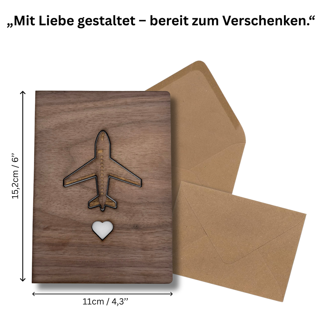 Grußkarte aus Walnussholz mit Flugzeug-Magnet – Reisegeschenk
