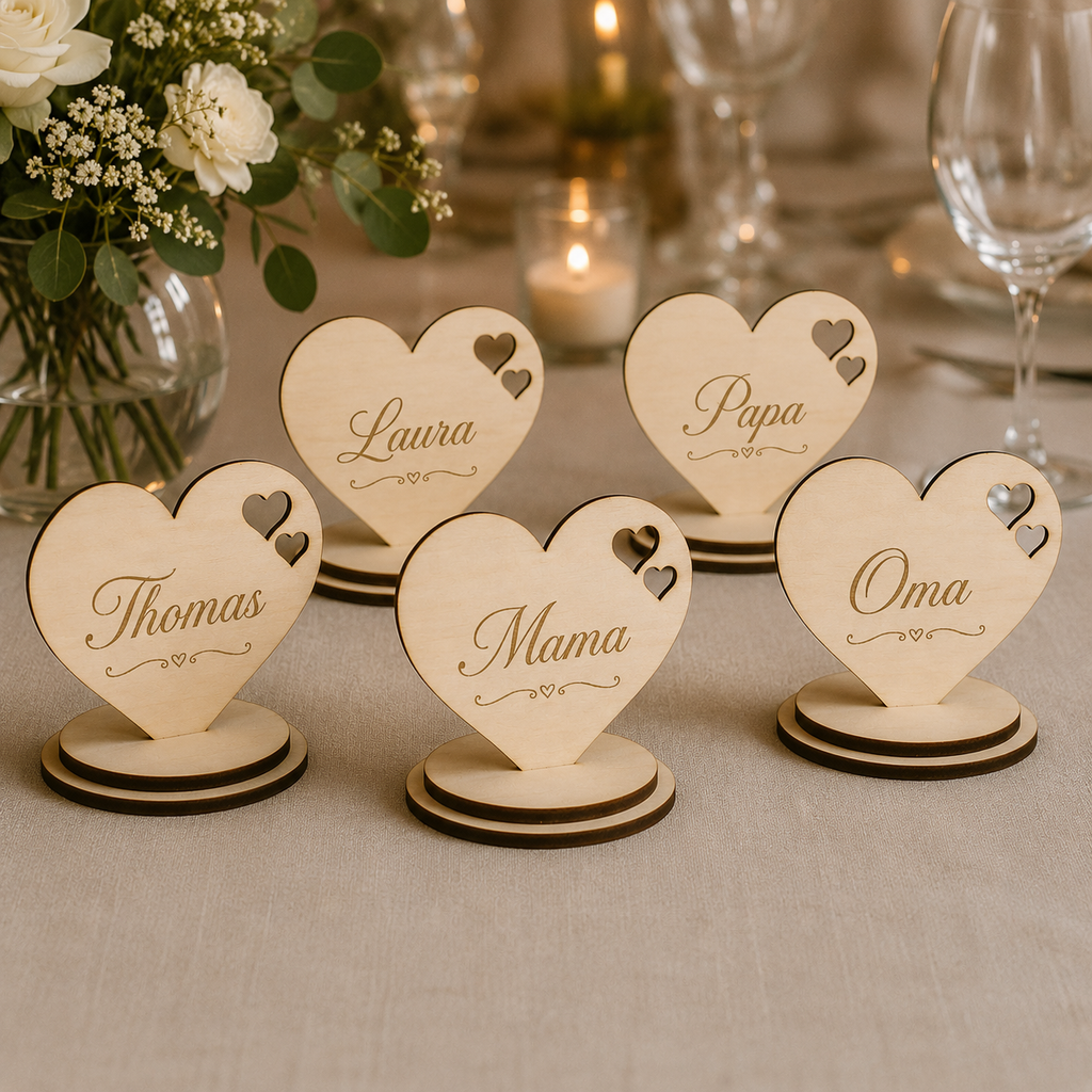 Personalisierter Herz Namensständer aus Holz – Platzkarte für Hochzeit & Tischdekoration – VIVANEA