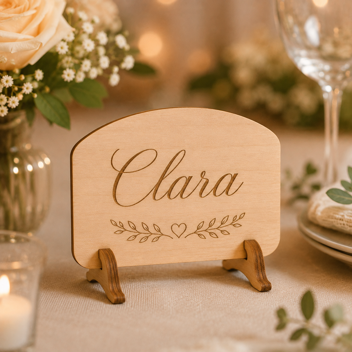 Personalisiertes Namensschild Hochzeit aus Holz – Platzkarte mit Gravur & Standfuß - LIVERA