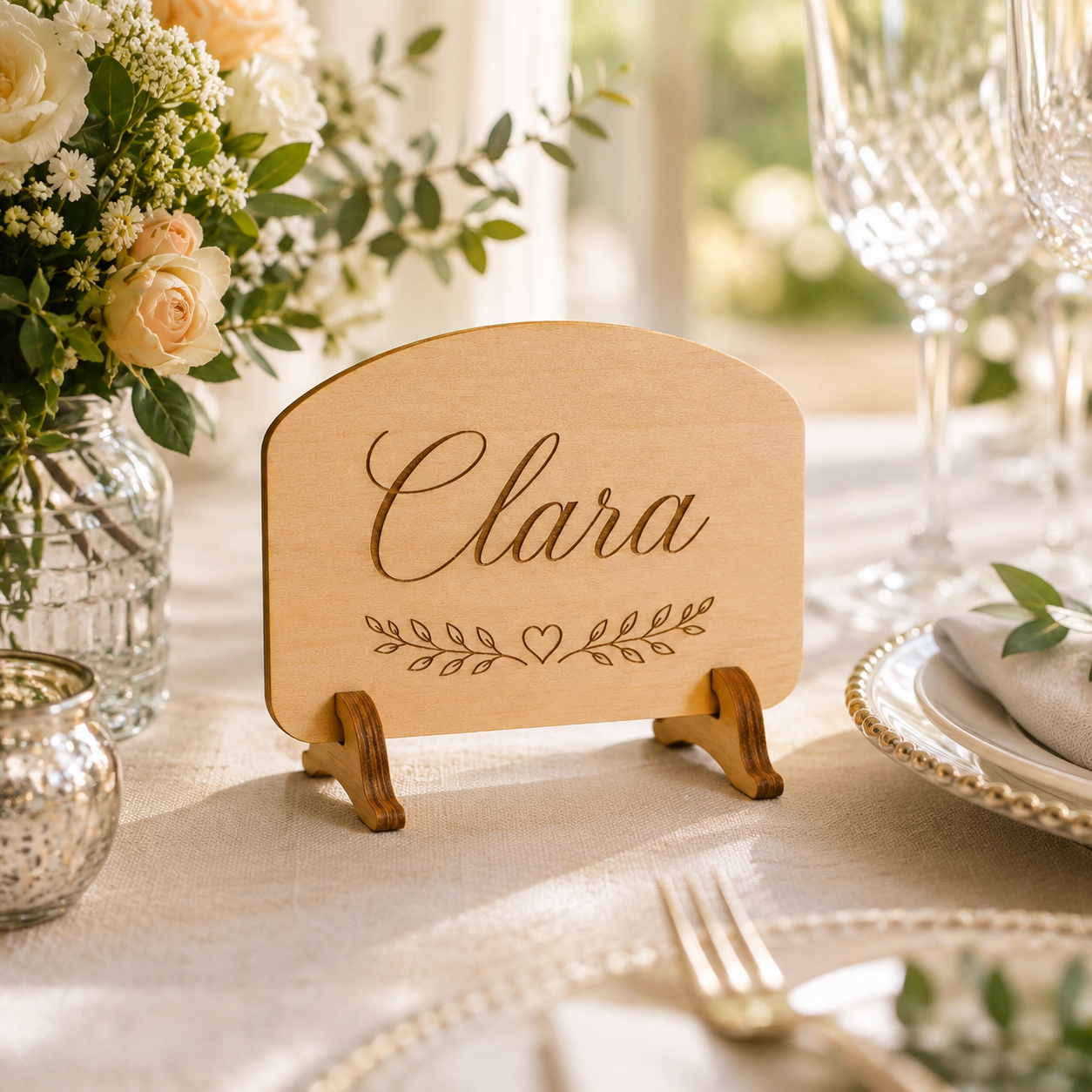 Personalisiertes Namensschild Hochzeit aus Holz – Platzkarte mit Gravur & Standfuß - LIVERA