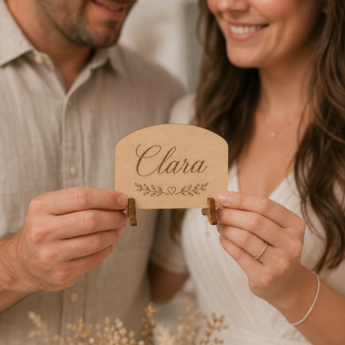 Personalisiertes Namensschild Hochzeit aus Holz – Platzkarte mit Gravur & Standfuß - LIVERA