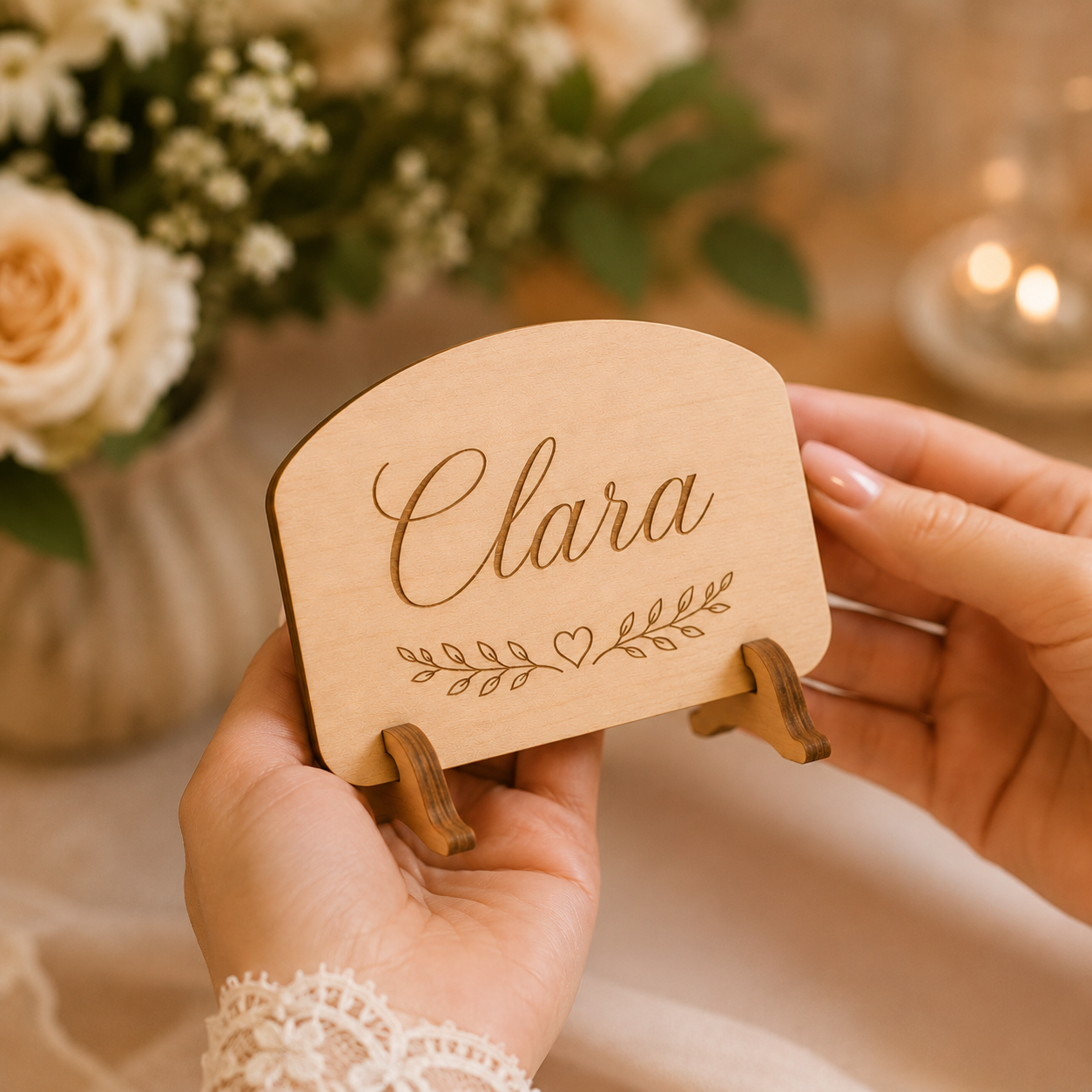 Personalisiertes Namensschild Hochzeit aus Holz – Platzkarte mit Gravur & Standfuß - LIVERA