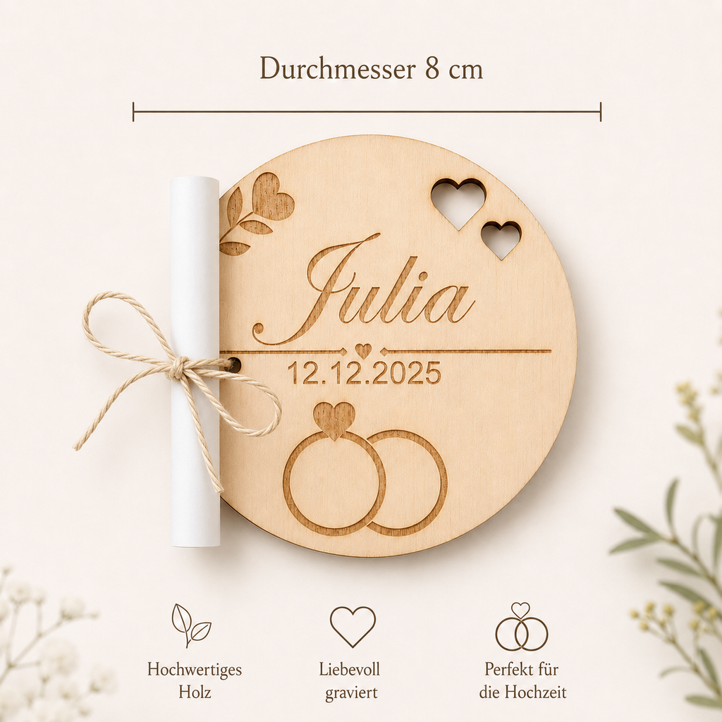 Personalisierte Platzkarte aus Holz mit Schriftrolle – Gastgeschenk Hochzeit – EMORIA