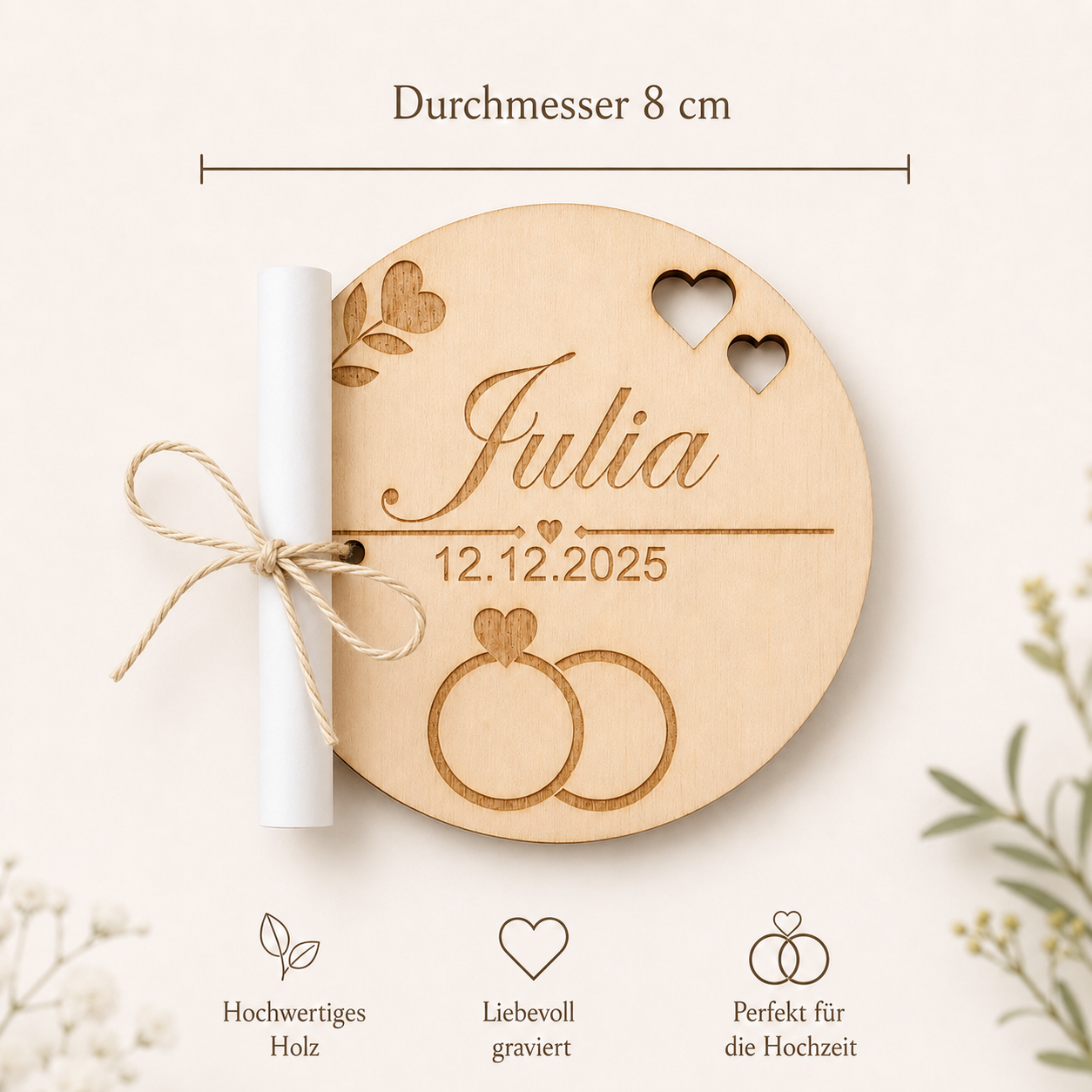 Personalisierte Platzkarte aus Holz mit Schriftrolle – Gastgeschenk Hochzeit – EMORIA