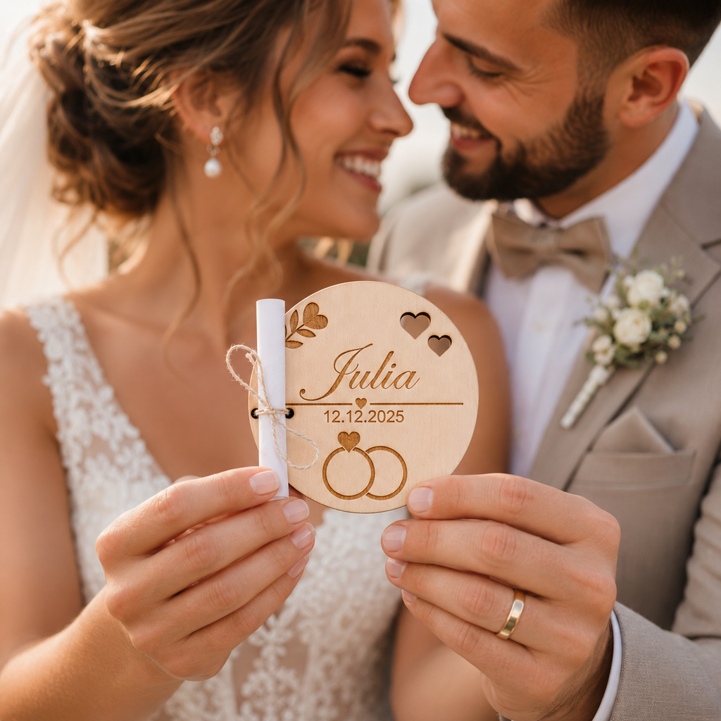 Personalisierte Platzkarte aus Holz mit Schriftrolle – Gastgeschenk Hochzeit – EMORIA