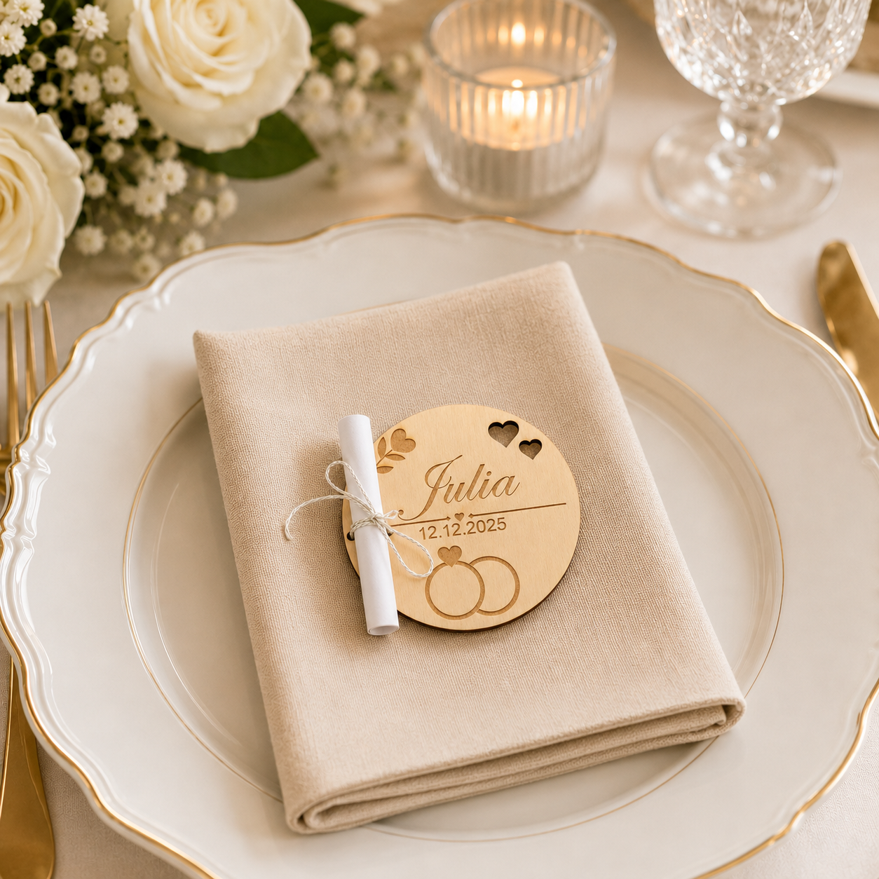 Personalisierte Platzkarte aus Holz mit Schriftrolle – Gastgeschenk Hochzeit – EMORIA