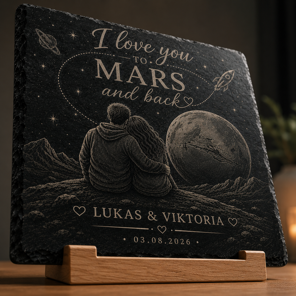 Personalisierte Schieferplatte „I Love You To Mars And Back“ – Individuelle Gravur mit Namen & Datum | Romantisches Geschenk für Paare - MARSURA