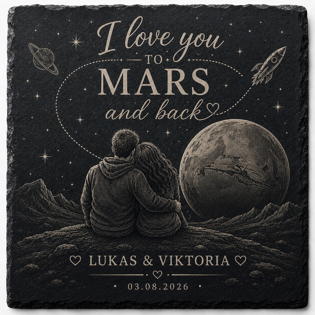 Personalisierte Schieferplatte „I Love You To Mars And Back“ – Individuelle Gravur mit Namen & Datum | Romantisches Geschenk für Paare - MARSURA