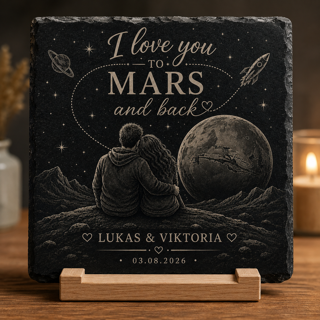 Personalisierte Schieferplatte „I Love You To Mars And Back“ – Individuelle Gravur mit Namen & Datum | Romantisches Geschenk für Paare - MARSURA
