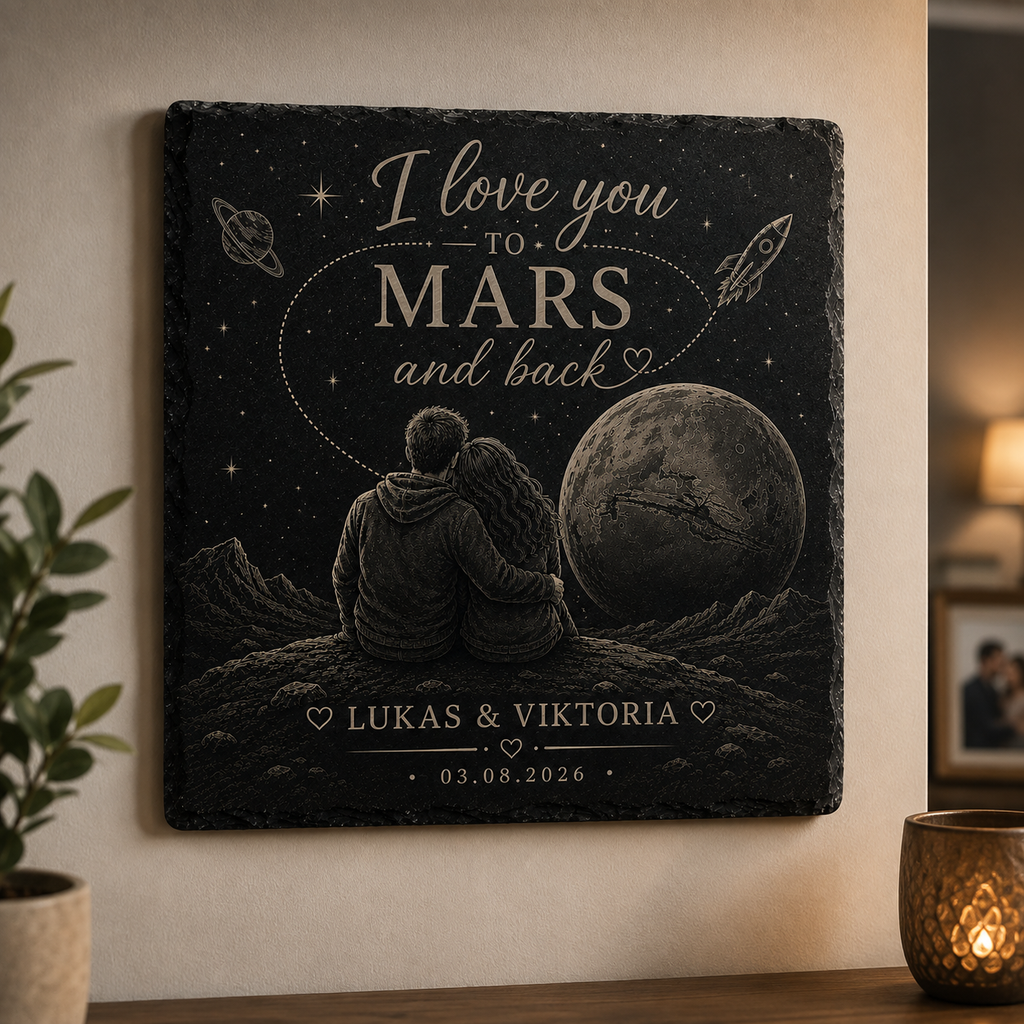 Personalisierte Schieferplatte „I Love You To Mars And Back“ – Individuelle Gravur mit Namen & Datum | Romantisches Geschenk für Paare - MARSURA