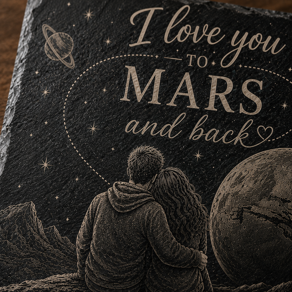 Personalisierte Schieferplatte „I Love You To Mars And Back“ – Individuelle Gravur mit Namen & Datum | Romantisches Geschenk für Paare - MARSURA