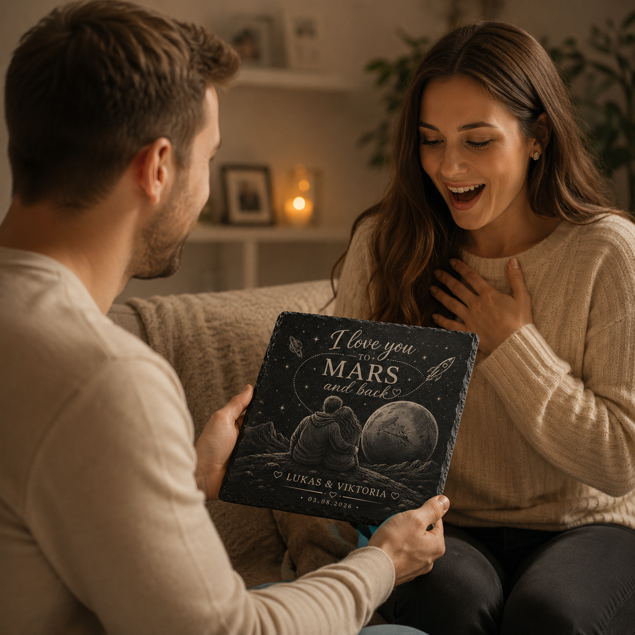 Personalisierte Schieferplatte „I Love You To Mars And Back“ – Individuelle Gravur mit Namen & Datum | Romantisches Geschenk für Paare - MARSURA