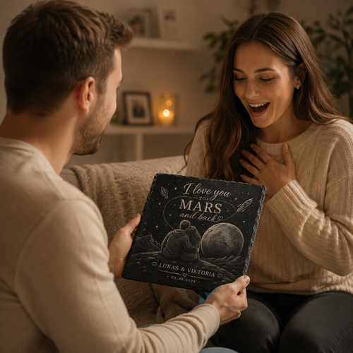 Personalisierte Schieferplatte „I Love You To Mars And Back“ – Individuelle Gravur mit Namen & Datum | Romantisches Geschenk für Paare - MARSURA