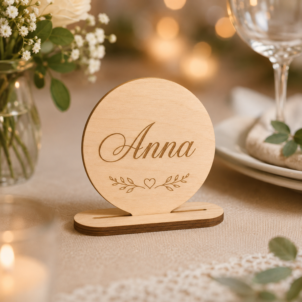 Runder Hochzeits-Aufsteller aus Holz mit Wunschname – Tischdeko & Gastgeschenk – CIRONA