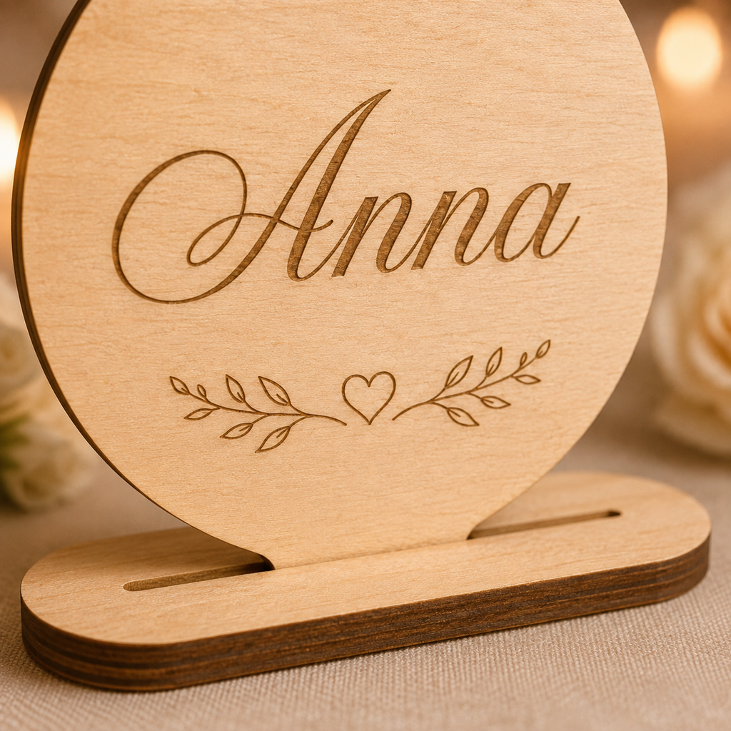 Runder Hochzeits-Aufsteller aus Holz mit Wunschname – Tischdeko & Gastgeschenk – CIRONA