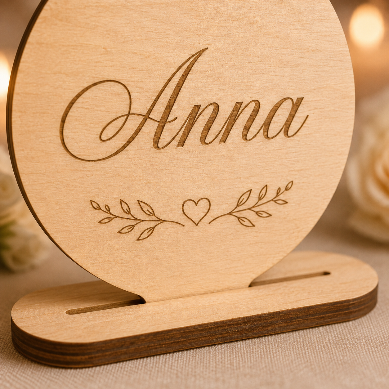 Runder Hochzeits-Aufsteller aus Holz mit Wunschname – Tischdeko & Gastgeschenk – CIRONA