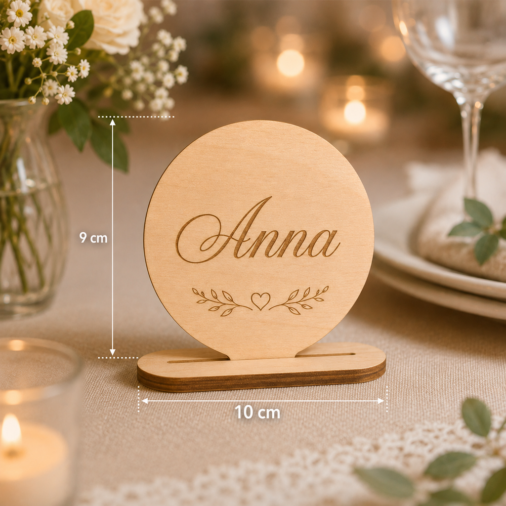 Runder Hochzeits-Aufsteller aus Holz mit Wunschname – Tischdeko & Gastgeschenk – CIRONA