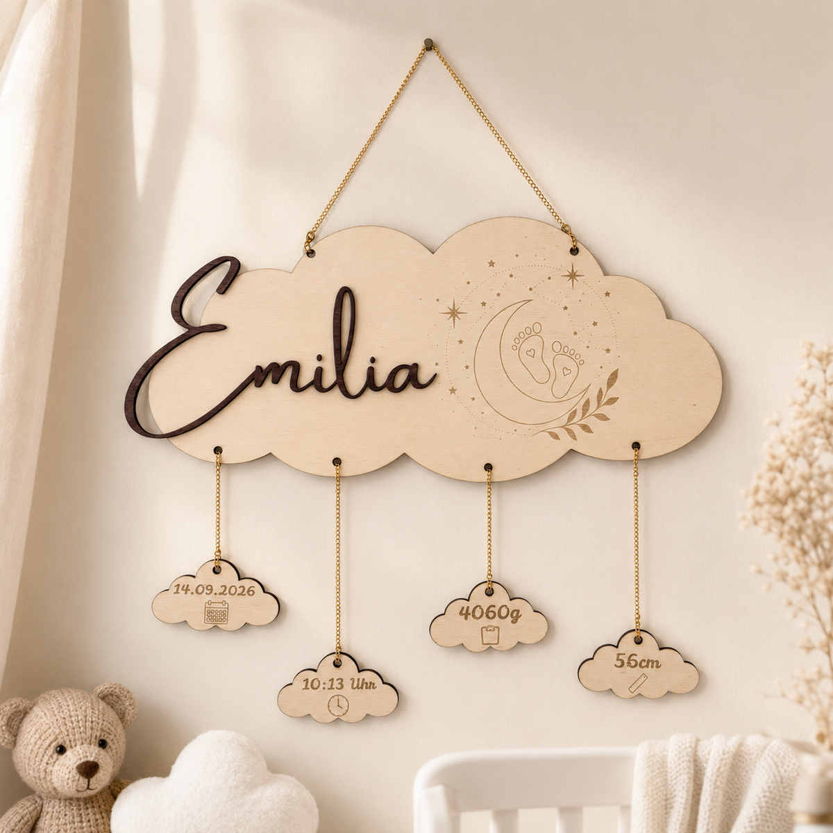Personalisiertes Geburtsschild aus Holz – Baby Namensschild mit Geburtsdaten