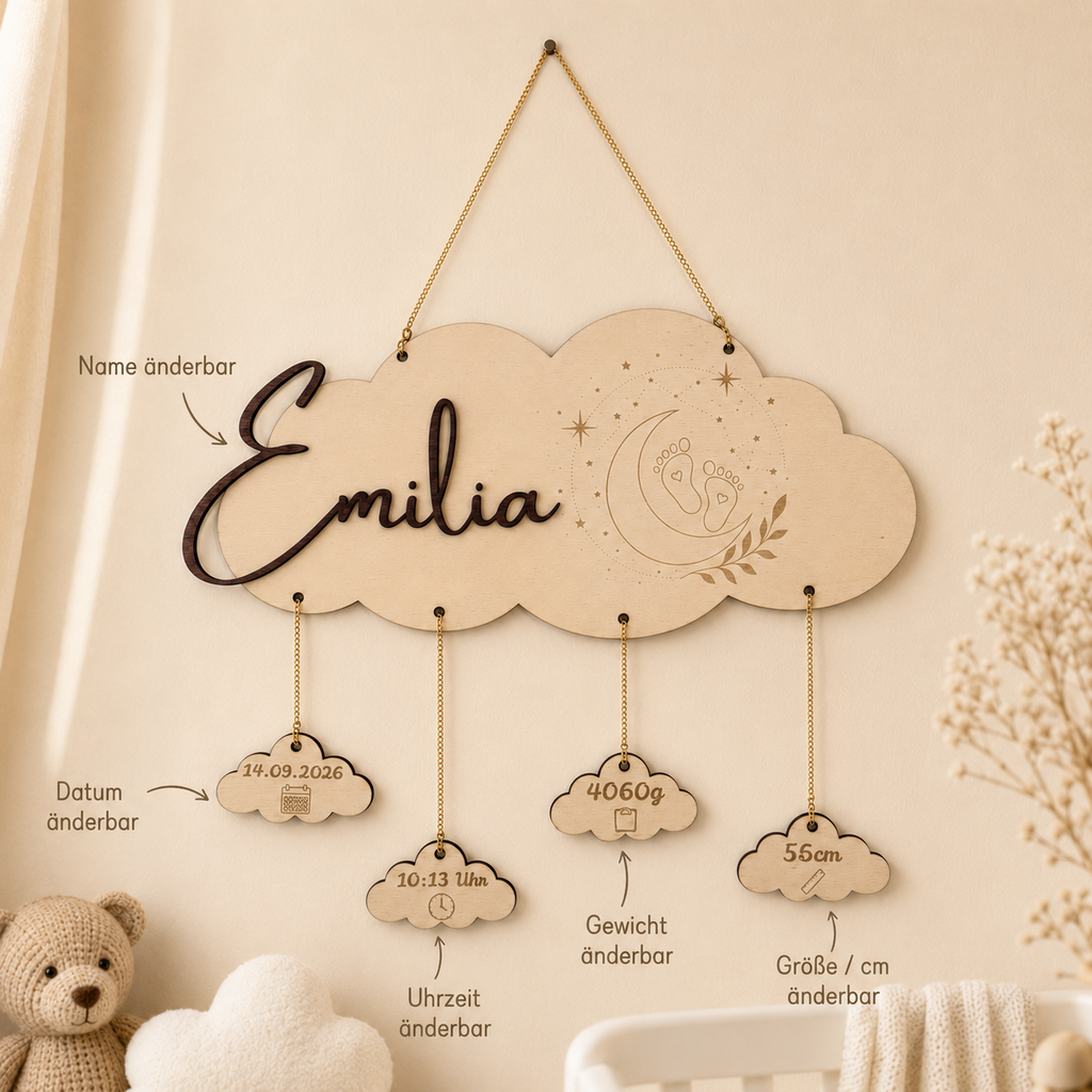 Personalisiertes Geburtsschild aus Holz – Baby Namensschild mit Geburtsdaten