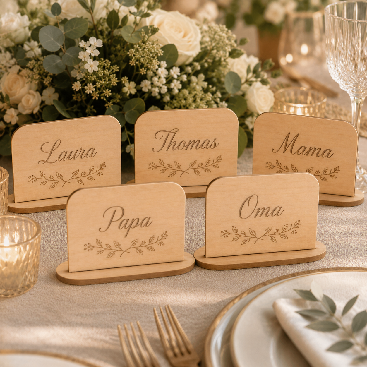 Tischaufsteller Hochzeit aus Holz – personalisiertes Namensschild mit Wunschname – ELOREA