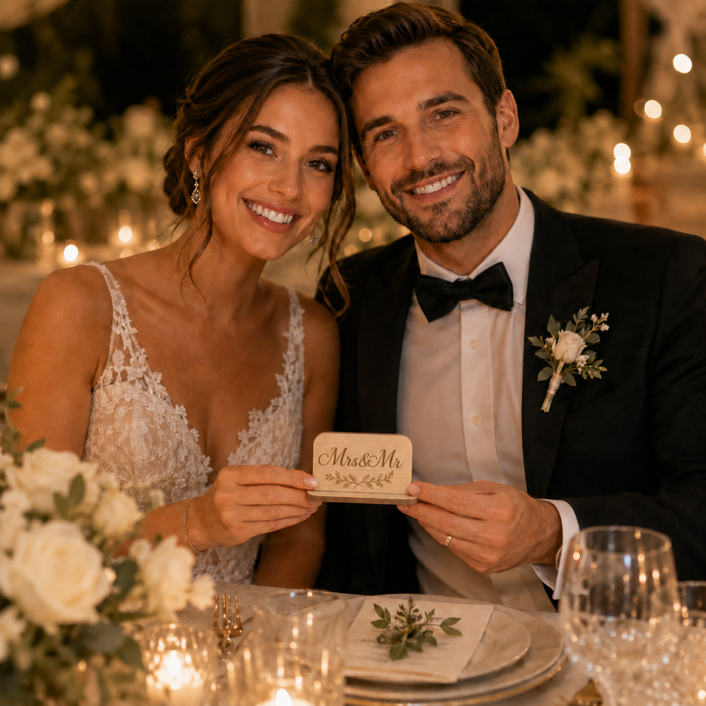 Tischaufsteller Hochzeit aus Holz – personalisiertes Namensschild mit Wunschname – ELOREA