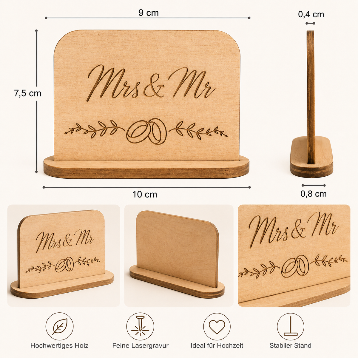 Tischaufsteller Hochzeit aus Holz – personalisiertes Namensschild mit Wunschname – ELOREA