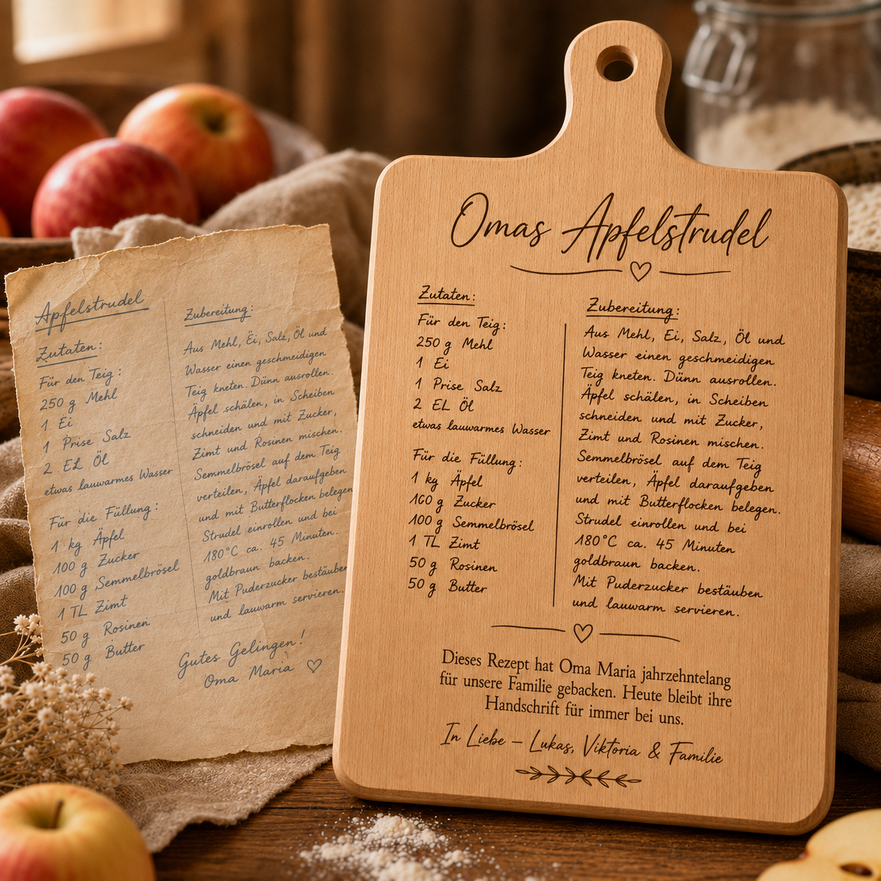 Personalisiertes Rezeptbrett aus Holz - Original-Handschrift graviert -HERITIA